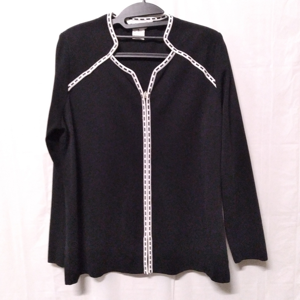Misook Knit Zip Up Cardigan Jacket Black White Trim Small